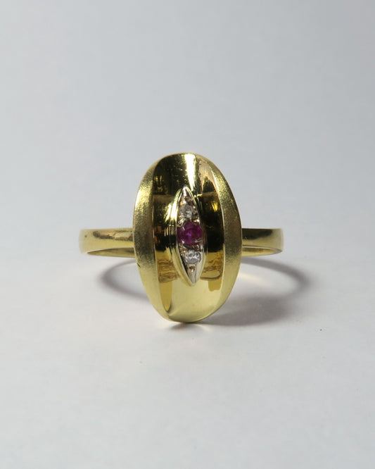 18CT GOLD VINTAGE FRENCH (TACO) RING WITH RUBY AND DIAMONDS
