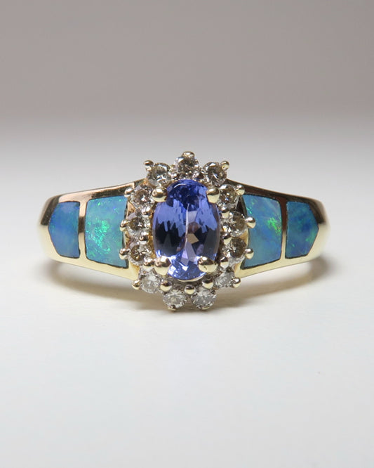 14CT GOLD TANZANITE OPAL & DIAMOND RING