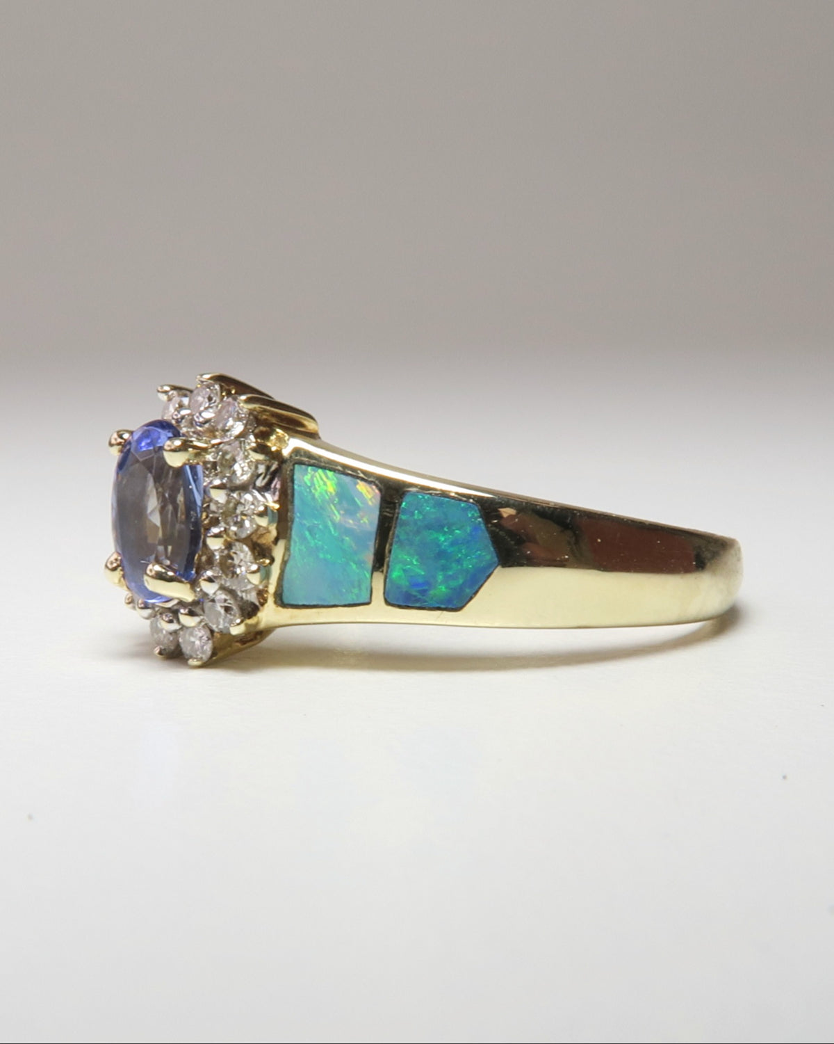14CT GOLD TANZANITE OPAL & DIAMOND RING