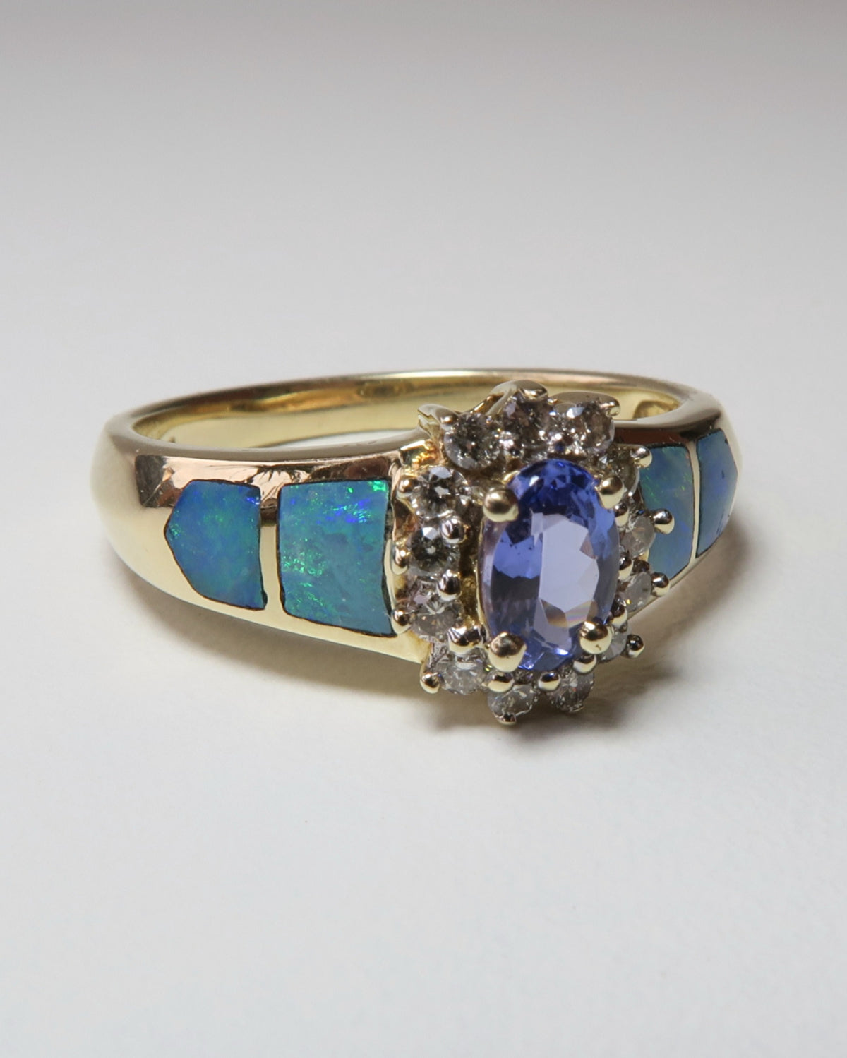 14CT GOLD TANZANITE OPAL & DIAMOND RING