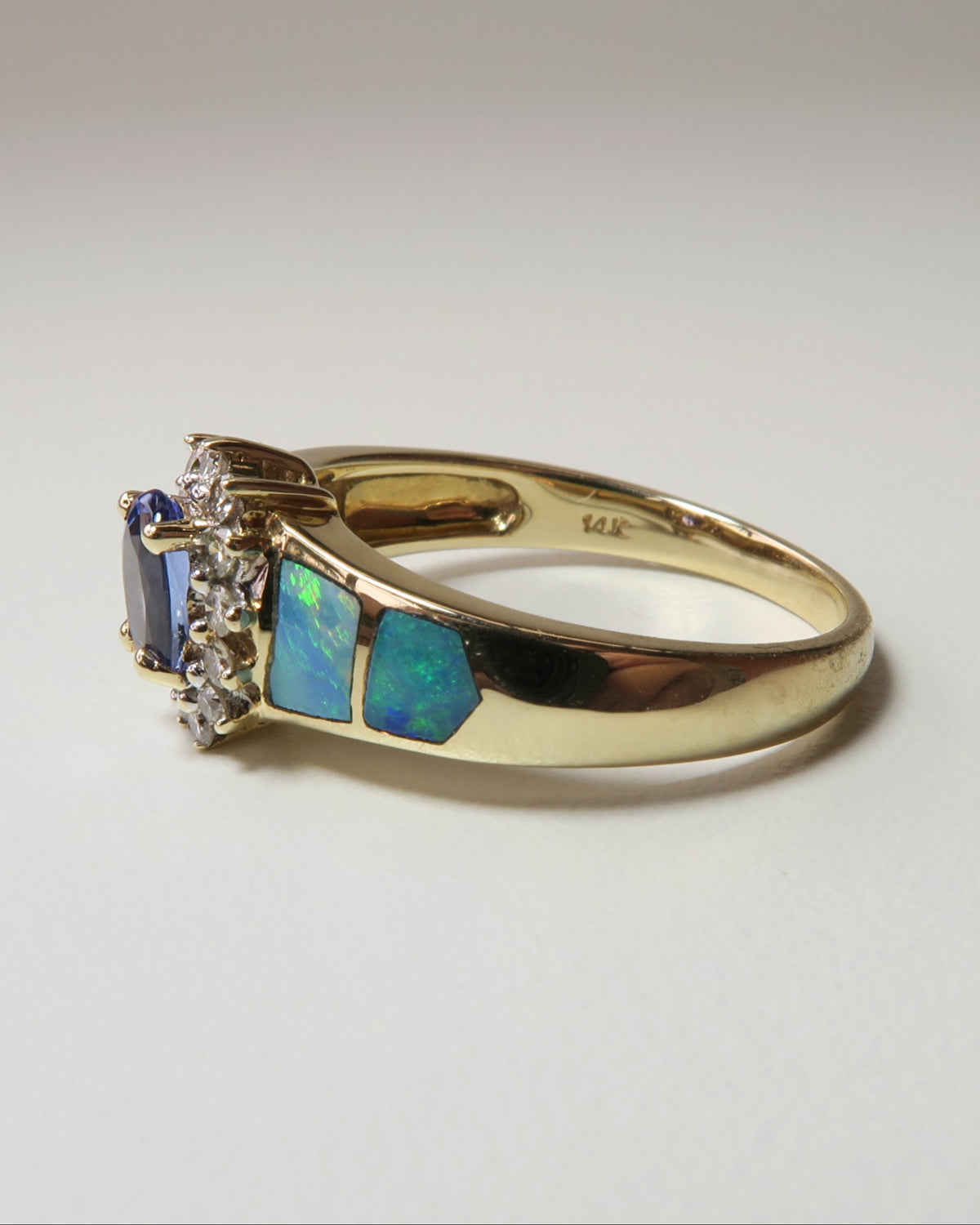 14CT GOLD TANZANITE OPAL & DIAMOND RING