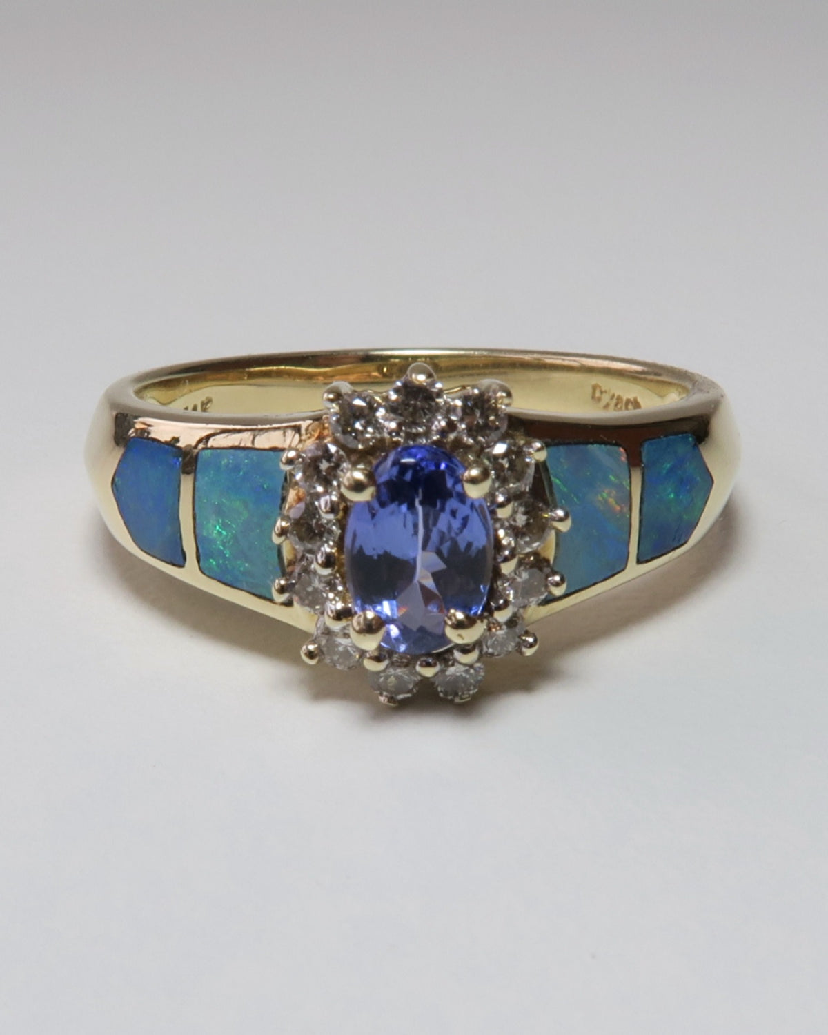 14CT GOLD TANZANITE OPAL & DIAMOND RING
